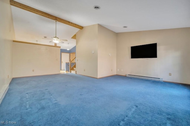 unfurnished living room featuring a baseboard radiator, visible vents, lofted ceiling with beams, carpet flooring, and stairs