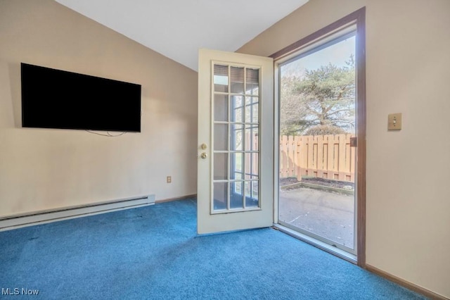 entryway featuring lofted ceiling, carpet floors, baseboard heating, and baseboards