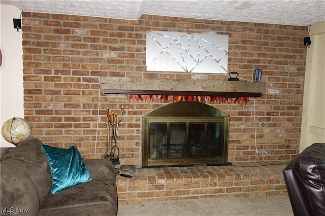 details with carpet, a fireplace, and a textured ceiling