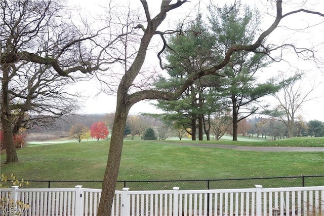 view of community featuring fence and a lawn