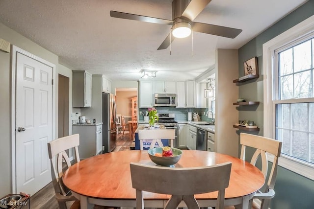 dining room with a textured ceiling, dark wood-type flooring, and a ceiling fan