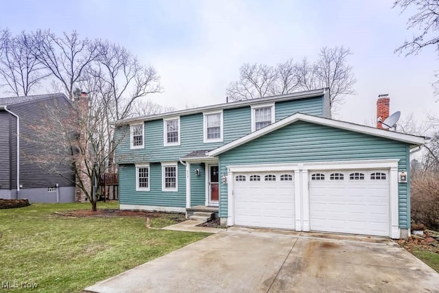 view of front facade with an attached garage, a front lawn, and concrete driveway