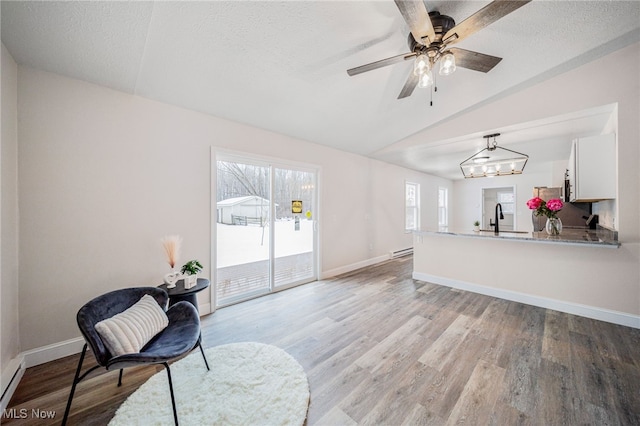 living area featuring light wood-style floors, lofted ceiling, a textured ceiling, and baseboards