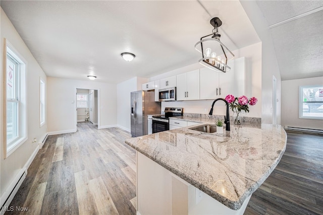 kitchen with appliances with stainless steel finishes, white cabinets, a sink, and baseboard heating