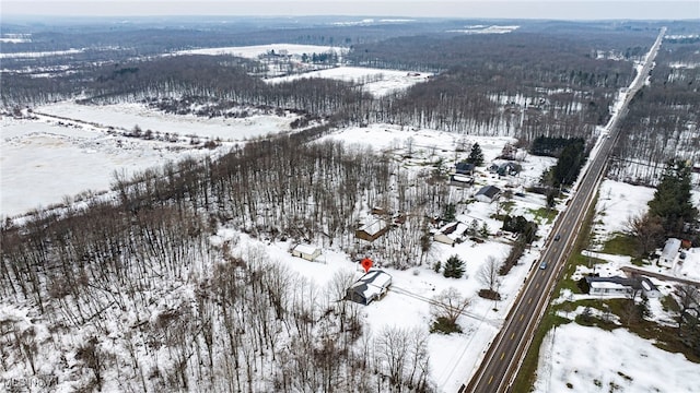 snowy aerial view with a view of trees