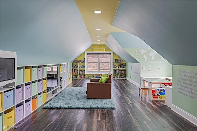 playroom with vaulted ceiling, baseboards, wood finished floors, and recessed lighting