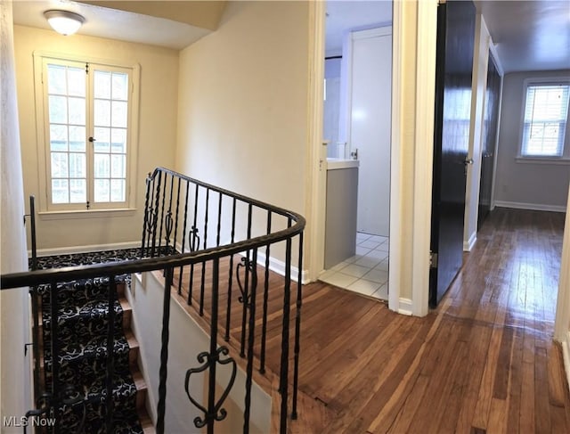 staircase featuring baseboards and hardwood / wood-style floors