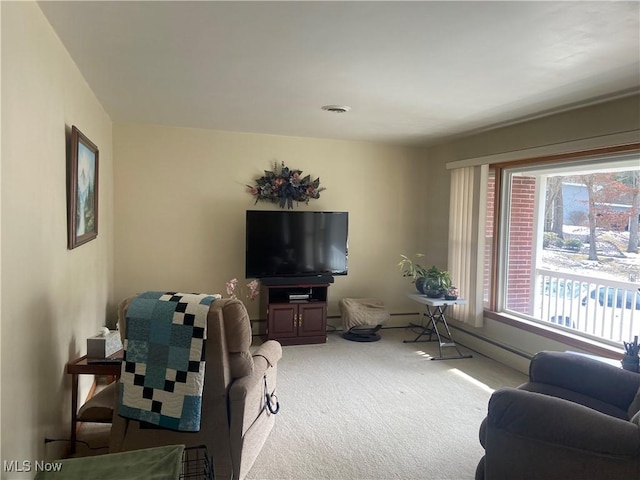 carpeted living room featuring visible vents