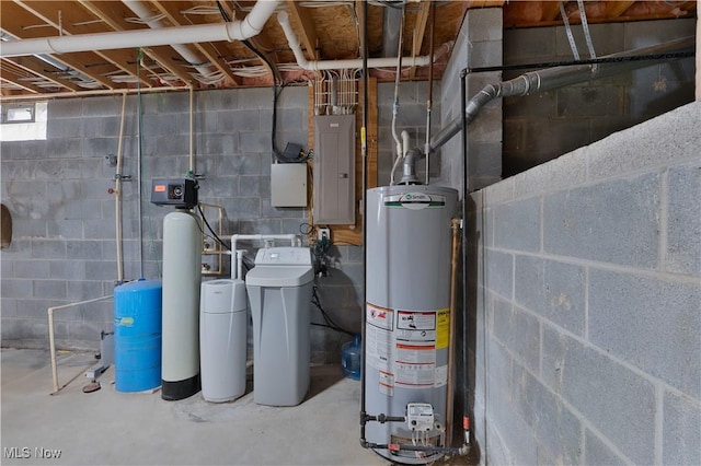 utility room with electric panel and water heater