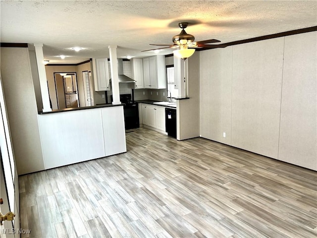 kitchen featuring light wood finished floors, dark countertops, a sink, a textured ceiling, and dishwasher