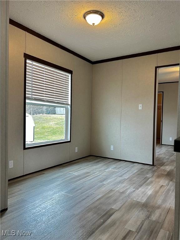 empty room featuring crown molding, a textured ceiling, and light wood finished floors