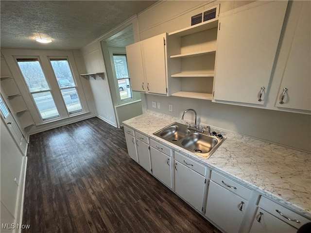 kitchen featuring visible vents, dark wood-style floors, a textured ceiling, open shelves, and a sink