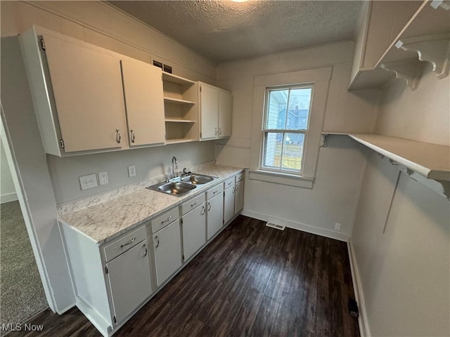 kitchen featuring dark wood-type flooring, light countertops, a textured ceiling, open shelves, and a sink