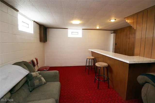 bar with carpet floors, a dry bar, and concrete block wall