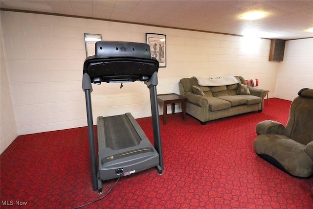 workout room featuring concrete block wall and dark carpet