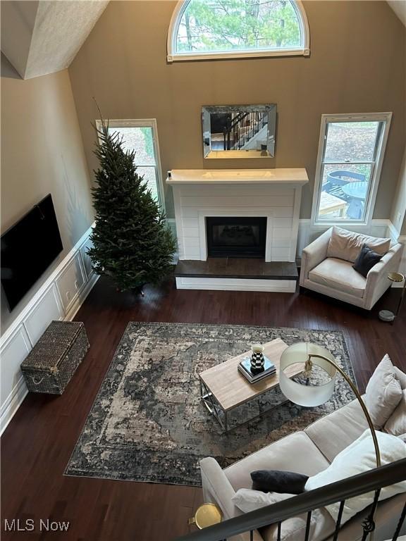 living room featuring a wainscoted wall, a decorative wall, wood finished floors, and a glass covered fireplace