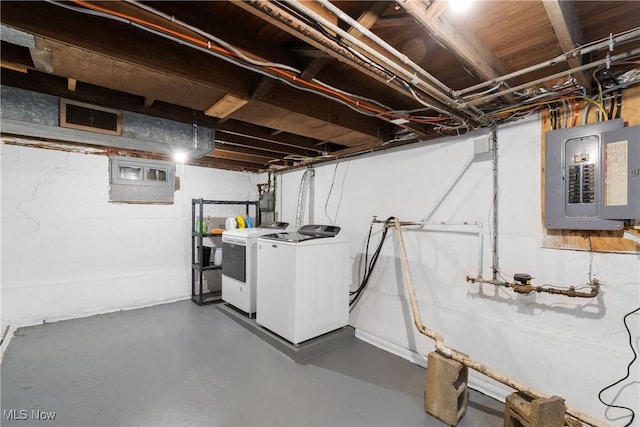 unfinished basement featuring washing machine and dryer, electric panel, and visible vents