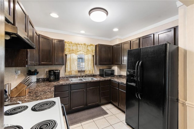 kitchen featuring stainless steel microwave, dark brown cabinets, black fridge, and a sink