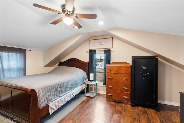 bedroom featuring recessed lighting, a ceiling fan, vaulted ceiling, wood finished floors, and baseboards