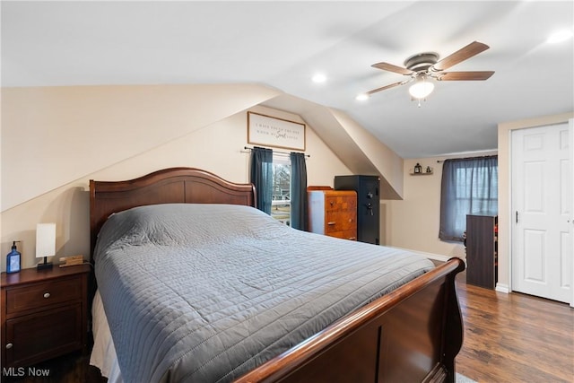 bedroom featuring recessed lighting, ceiling fan, vaulted ceiling, wood finished floors, and baseboards