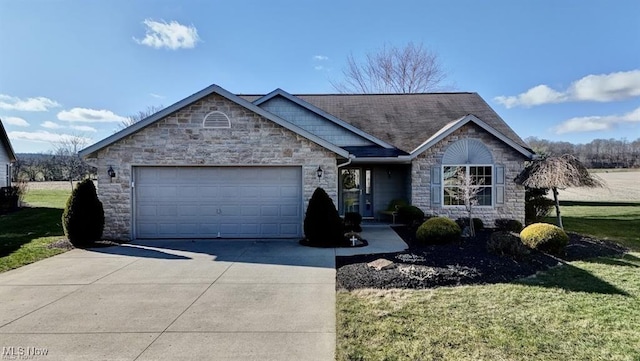 single story home with an attached garage, a front lawn, and concrete driveway