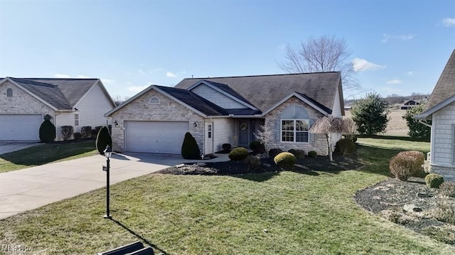 view of front of property featuring a garage, a front yard, stone siding, and driveway