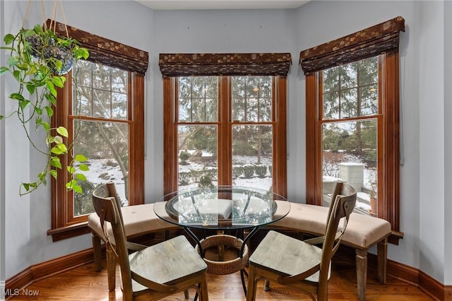 dining space with plenty of natural light, wood finished floors, and baseboards