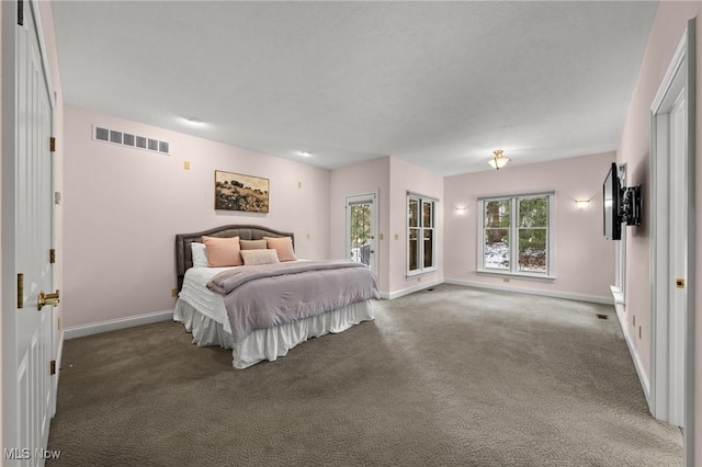 bedroom featuring carpet, visible vents, access to outside, and baseboards