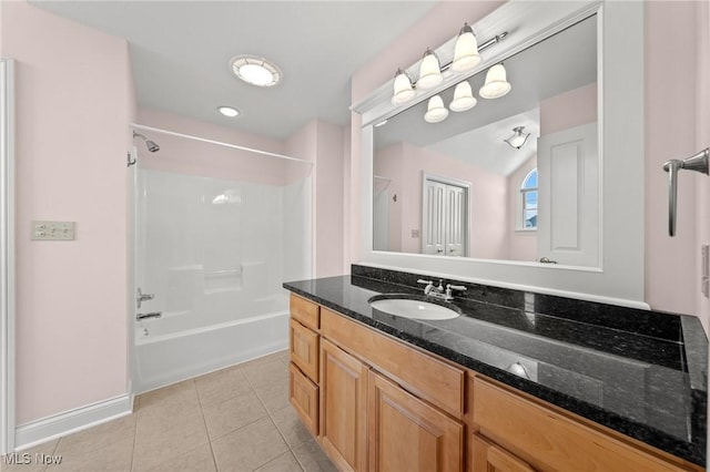 full bath featuring baseboards, bathing tub / shower combination, vanity, and tile patterned floors