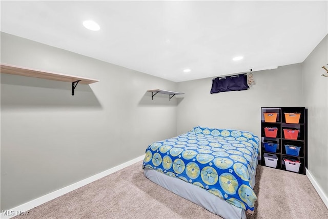 carpeted bedroom with recessed lighting and baseboards