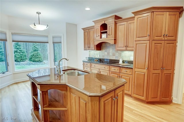 kitchen with light wood finished floors, decorative light fixtures, a sink, open shelves, and backsplash