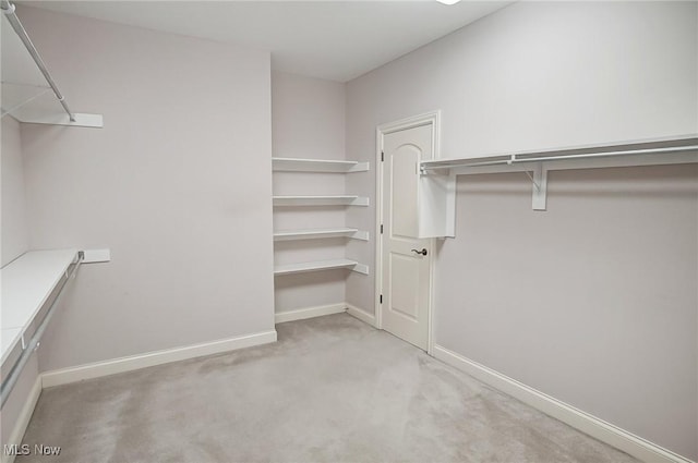 walk in closet featuring light carpet