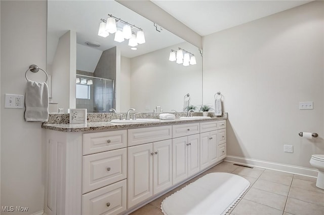 bathroom featuring double vanity, visible vents, a stall shower, a sink, and tile patterned floors