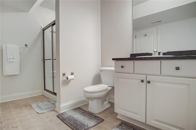 bathroom with a stall shower, baseboards, visible vents, toilet, and vanity