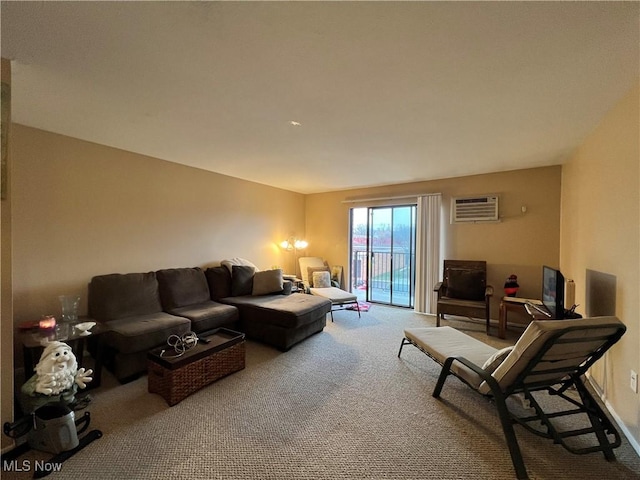 living area featuring an AC wall unit and carpet flooring