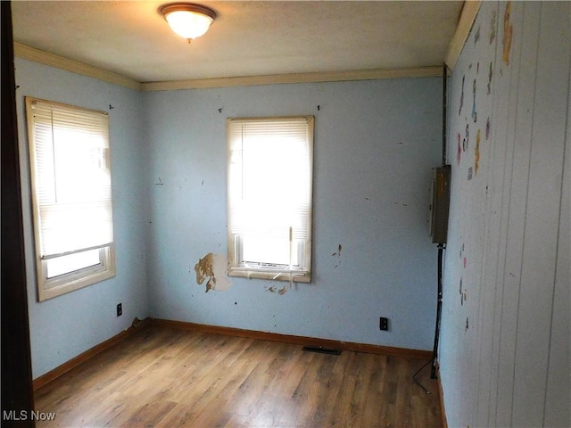 unfurnished room with ornamental molding, a wealth of natural light, light wood-style flooring, and baseboards