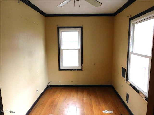 spare room with baseboards, ceiling fan, ornamental molding, and light wood-style floors