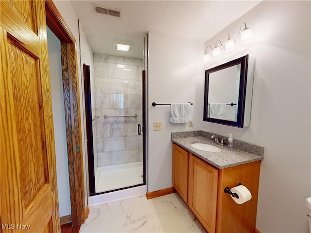 full bath featuring marble finish floor, visible vents, a shower stall, vanity, and baseboards