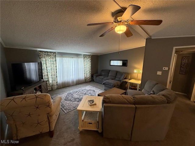 carpeted living area featuring crown molding, vaulted ceiling, a textured ceiling, and a ceiling fan