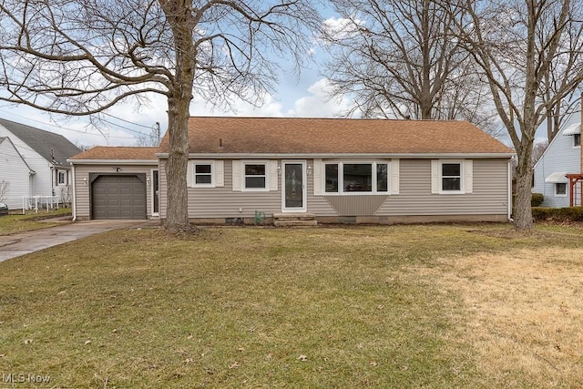 ranch-style home featuring entry steps, a garage, a shingled roof, driveway, and a front yard