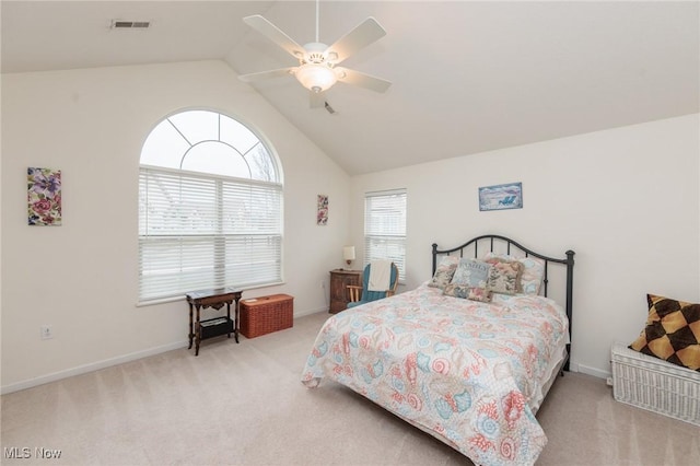 bedroom featuring carpet, visible vents, vaulted ceiling, ceiling fan, and baseboards