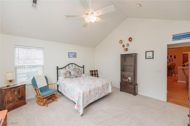 bedroom with baseboards, visible vents, a ceiling fan, vaulted ceiling, and carpet floors