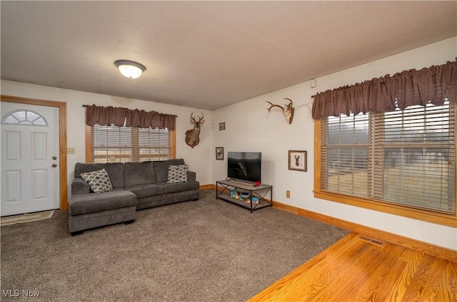 living room featuring carpet floors, baseboards, and visible vents