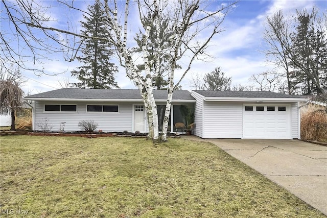 single story home with driveway, a front lawn, and an attached garage