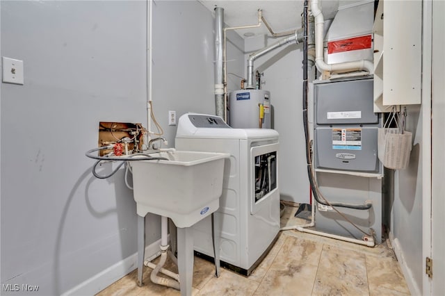 washroom featuring laundry area, water heater, and washing machine and clothes dryer