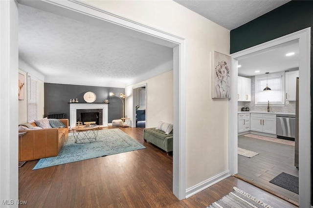 living room with a fireplace, a textured ceiling, baseboards, and wood finished floors