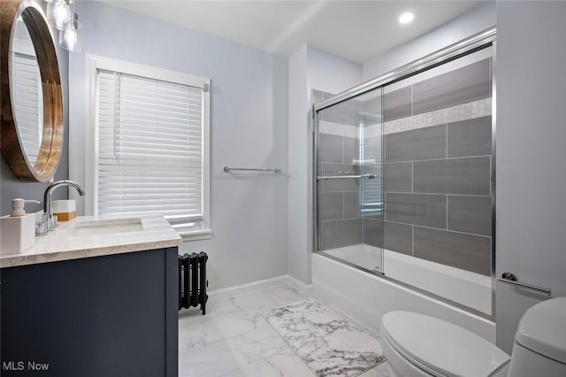 full bath featuring toilet, shower / bath combination with glass door, vanity, baseboards, and marble finish floor