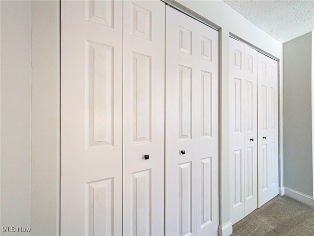 interior details with a textured ceiling, carpet, and baseboards