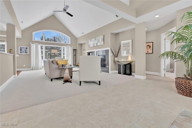7571 Silverleaf Ct, Sagamore Hills, OH 44067 - carpeted dining area with a ceiling fan, tile patterned floors, high vaulted ceiling, and recessed lighting