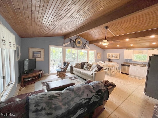 living area with lofted ceiling with beams, light tile patterned floors, and wood ceiling